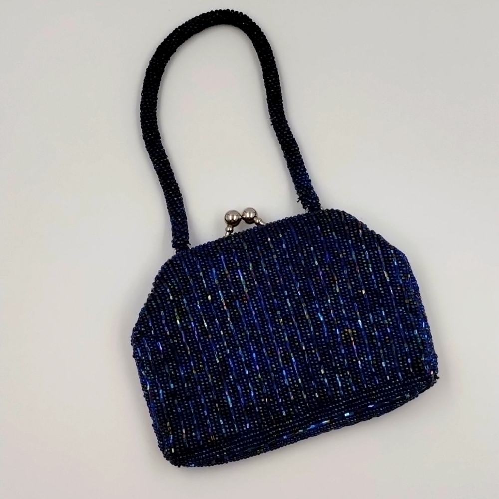 La Regale Ltd. Iridescent Blue/Purple Beaded Evening Bag Kisslock Closure